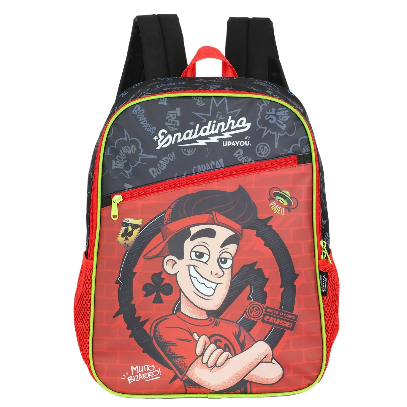 Mochila infantil Luxcel Enaldinho vermelha com estampa do personagem e bolso frontal com zíper amarelo